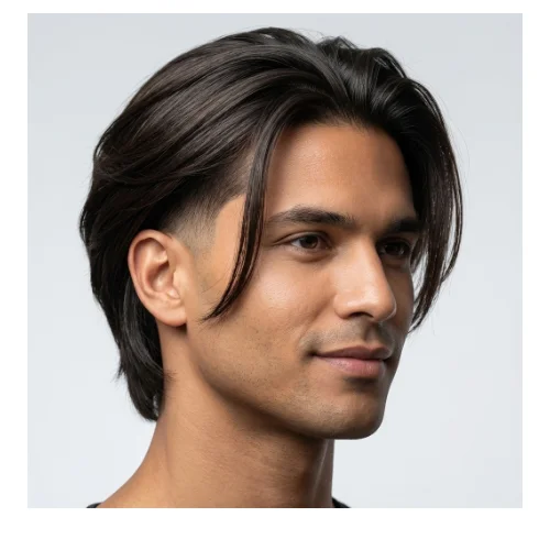Man with low taper fade and long straight flow hairstyle, smooth straight hair flowing back with clean tapered sides and back