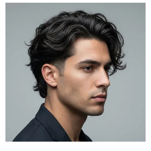Side view of a man with low taper fade and long wavy flow, natural wavy hair flowing back with clean tapered sides