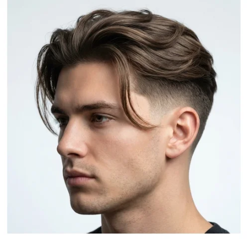 Side view of a man with low taper fade and soft long hair, smooth natural hair with clean tapered sides and back