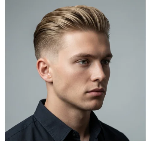 Classic slick back hairstyle with low taper fade, neatly combed back hair and clean tapered sides for a timeless men’s look