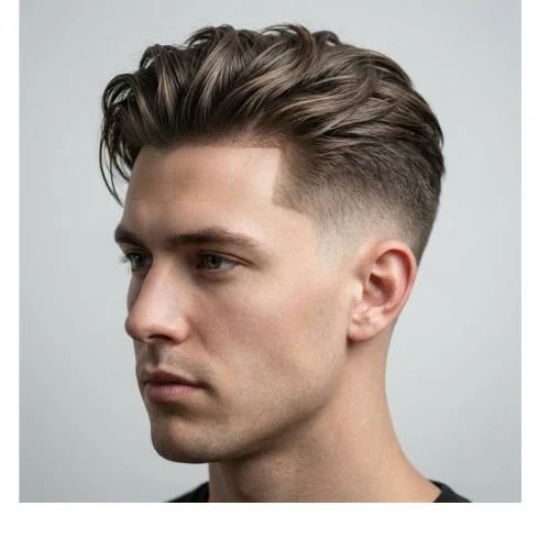 Low taper fade slick back with textured volume, natural movement and clean tapered sides, modern men’s hairstyle