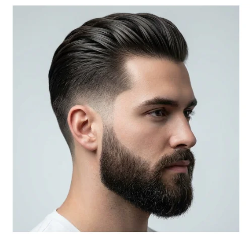 Low taper fade slick back hairstyle with full beard, clean tapered sides and smooth combed-back hair, modern men’s look