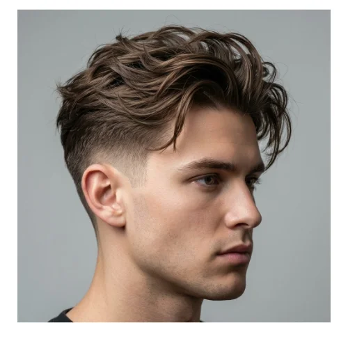 Low taper fade slick back with messy texture, natural volume and clean tapered sides, modern men’s hairstyle
