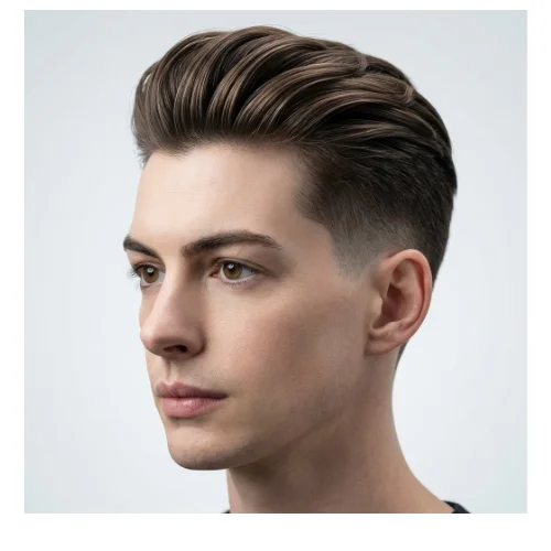 Low taper fade slick back high volume men's hairstyle with voluminous top and clean sides