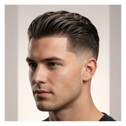 Low taper fade slick back wet look men's hairstyle with glossy finish and clean faded sides