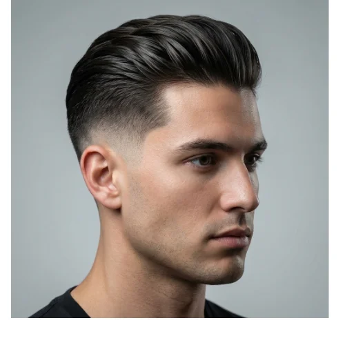 Low taper fade slick back undercut men's hairstyle with sharp contrast sides and smooth back top