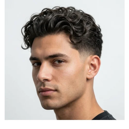 Low taper fade slick back curly hair men's hairstyle with natural curls and clean faded sides