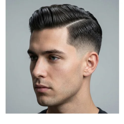 Low taper fade slick back with hard part men's hairstyle featuring defined part line and clean faded sides