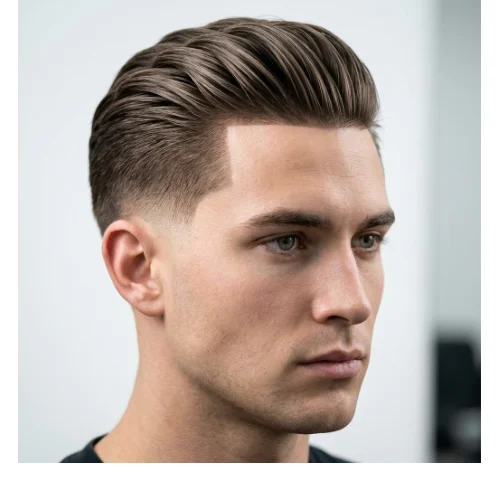 Slick back fade with line up men's hairstyle featuring sharp hairline and smooth slicked back top