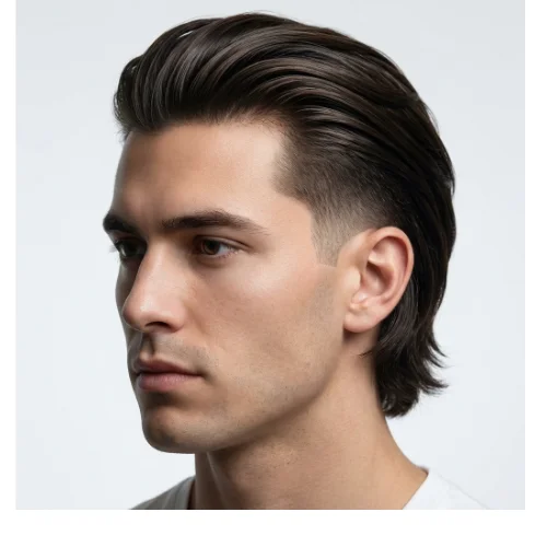 Low taper fade slick back long hair men's hairstyle with sleek long top and clean faded sides