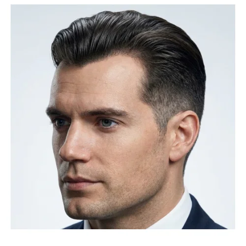 Low taper slick back short hair men's hairstyle with clean sides and neatly styled top