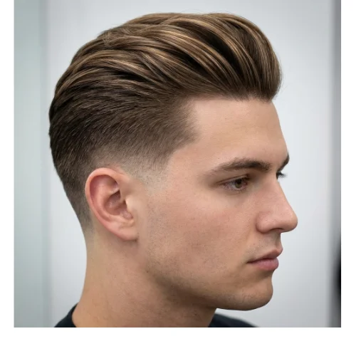 Low taper fade slick back with highlights men's hairstyle featuring highlighted top and clean faded sides
