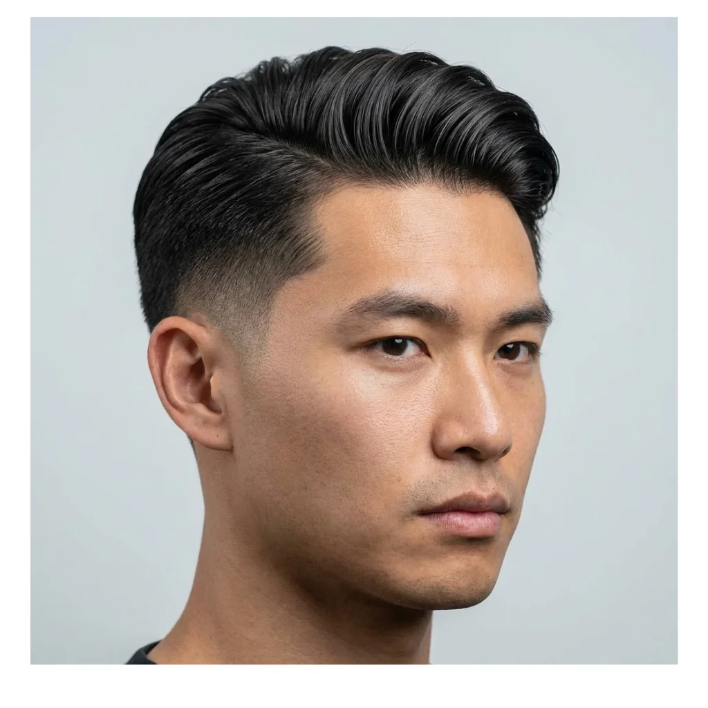 Side part slick back hairstyle with low taper fade, clean and modern men's haircut style