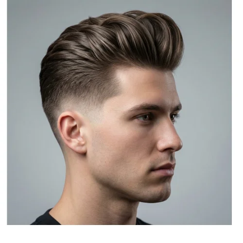 Low taper fade slick back pompadour hairstyle with volume, modern men's haircut with clean sides