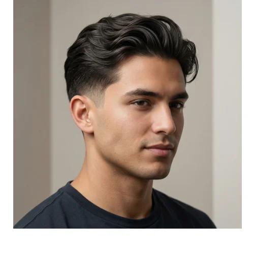 Low taper fade slick back with waves hairstyle, textured wavy hair with clean tapered sides