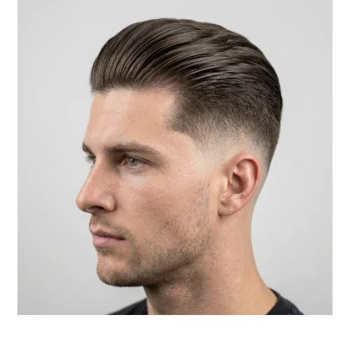 Low taper fade slick back with skin fade, sharp and clean men's hairstyle with faded sides