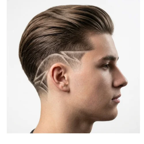Low taper fade slick back with hair design, stylish men's haircut with shaved patterns and clean fade