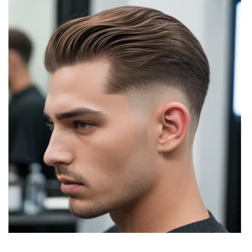 Low taper fade slick back modern clean hairstyle with sharp finish and smooth styling