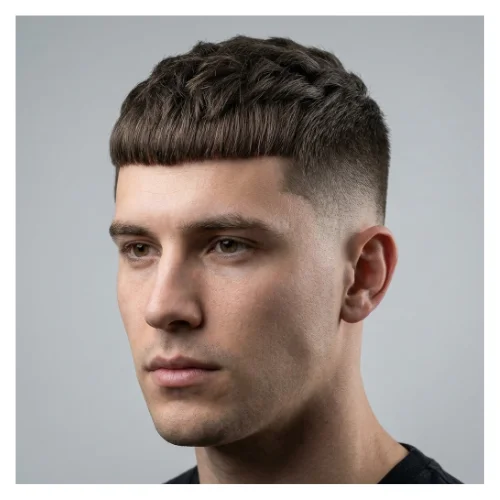 man with Classic Low Taper Fade Edgar hairstyle, featuring a smooth low taper fade on the sides and textured top styled forward, perfect modern haircut for men.