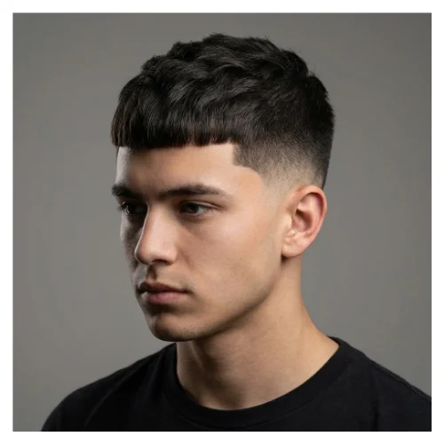 Low taper fade Edgar haircut with short hair, featuring a sharp fringe and clean faded sides for a neat modern look