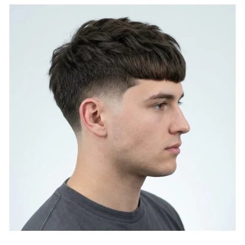 Low taper fade Edgar haircut with longer hair, featuring a defined fringe and smoothly blended faded sides for a stylish modern look