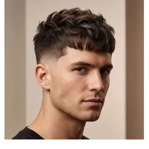 Low taper fade textured Edgar haircut with choppy layered top and clean faded sides for a modern stylish look