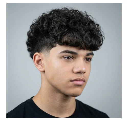 Curly taper fade Edgar haircut with defined curls on top and clean tapered sides for a modern textured look