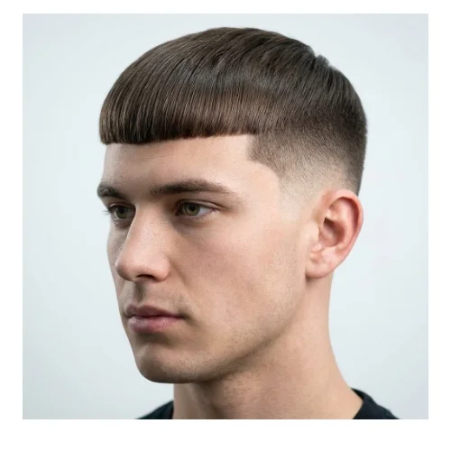 Low taper fade Edgar haircut with straight hair, featuring a sharp fringe and clean faded sides for a sleek modern look