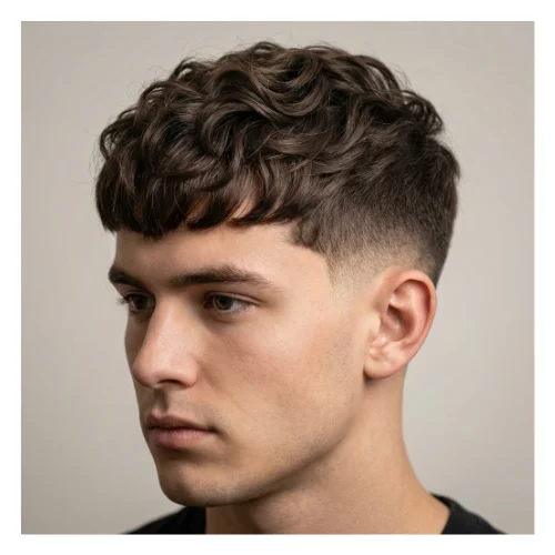 Low taper fade Edgar haircut with wavy hair, featuring natural waves on top and clean faded sides for a stylish modern look