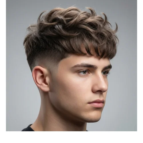 Side profile of a young man with a fluffy Edgar haircut featuring a textured fringe on top and a clean low taper fade on the sides, with a smooth gradual blend around the ears.