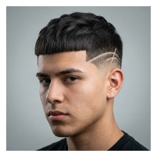 Side profile of a young man with an Edgar haircut and textured top, paired with a low taper fade featuring a sharp shaved line design on the side, showing a clean and stylish finish.