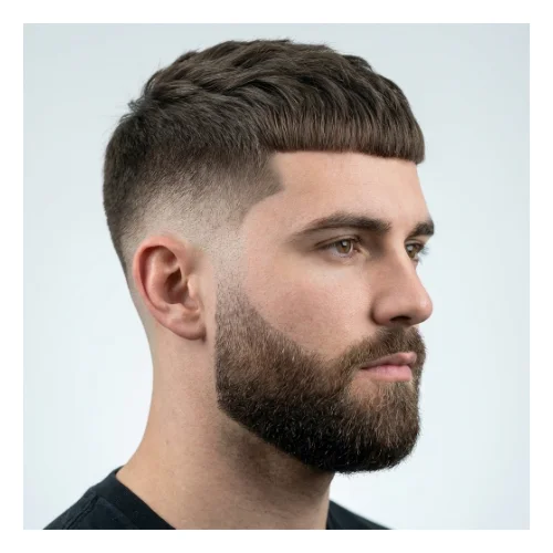 Side profile of a young man with an Edgar haircut and short textured fringe, combined with a clean low taper fade and a neatly trimmed beard that blends smoothly into the fade.