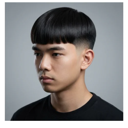 Side profile of an Asian man with an Edgar haircut featuring straight, thick hair and a short blunt fringe, combined with a clean low taper fade that blends smoothly around the ears and neckline.