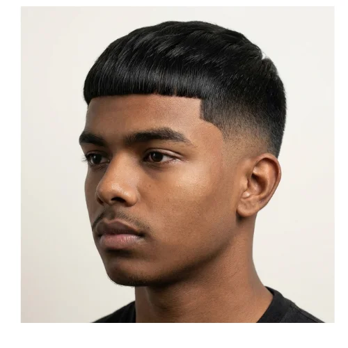 Side profile of a Black male with an Edgar haircut featuring a short, defined fringe and textured top, paired with a clean low taper fade that smoothly blends around the ears and neckline.
