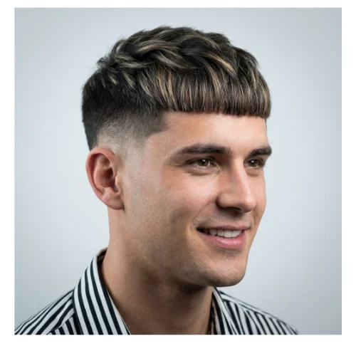 Side profile of a young man with an Edgar haircut featuring a short blunt fringe and textured top with subtle highlights, paired with a clean low taper fade that smoothly blends around the ears and neckline.