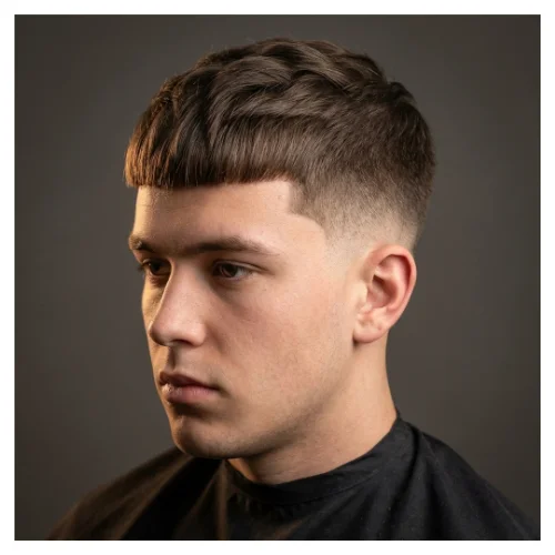 Side profile of a young man with an Edgar haircut featuring a defined fringe and textured top, paired with a clean low taper fade that smoothly blends around the ears and neckline.