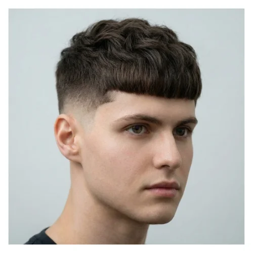 Low taper fade Edgar haircut for thick hair with textured top and clean faded sides, showing a sharp lineup and modern style.