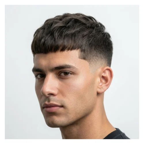 Low taper fade haircut with Edgar style fringe for thin hair, clean tapered sides and natural texture