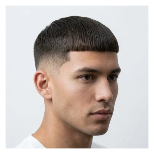 Low taper fade Edgar clean cut with sharp fringe and clean tapered sides, modern men’s hairstyle