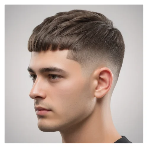 Side profile of a young man with an Edgar haircut featuring a short, straight fringe and a clean low taper fade, paired with a sharp line up along the hairline for a crisp, defined look.