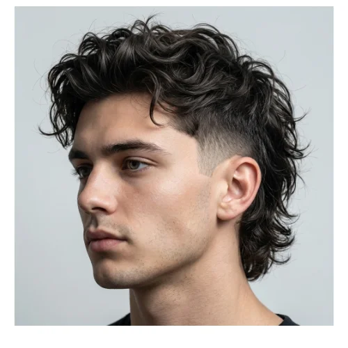 Low taper fade mullet messy style men's haircut with textured top nd messy longer back"