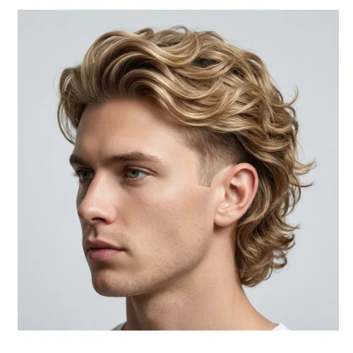 Taper fade mullet wavy style men's haircut with natural waves and longer back