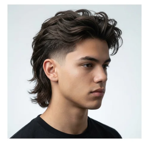 Low taper fade mullet thin hair style men's haircut with light texture and longer back
