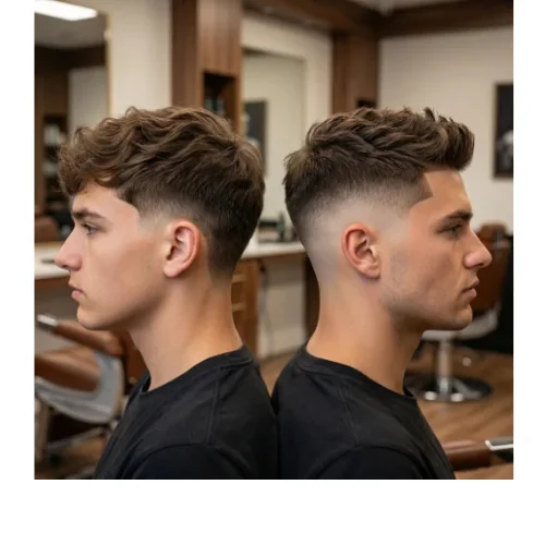 Side-by-side comparison of low taper fade and low skin fade hairstyles. The low taper fade gradually shortens the hair near the ears and neckline for a clean, subtle look, while the low skin fade fades the hair down to the skin for a sharper, more dramatic contrast. Ideal for
men deciding between a classic fade and a closer, bolder fade style.
