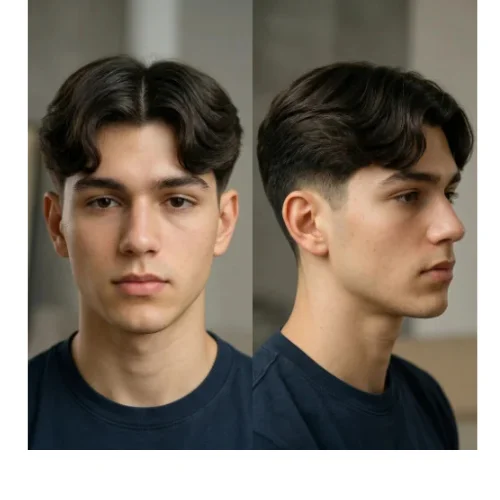 Front and side view of a young man with middle
part hairstyle and clean low taper fade on the sides.
