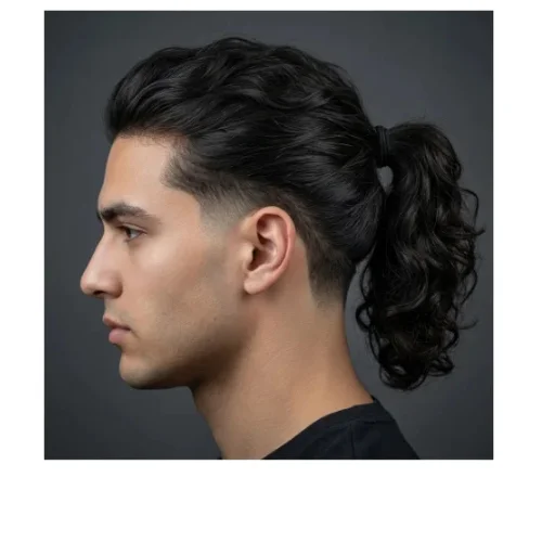 Side view of a man with low taper fade and long hair tied in a ponytail, clean tapered sides and back with long hair pulled back