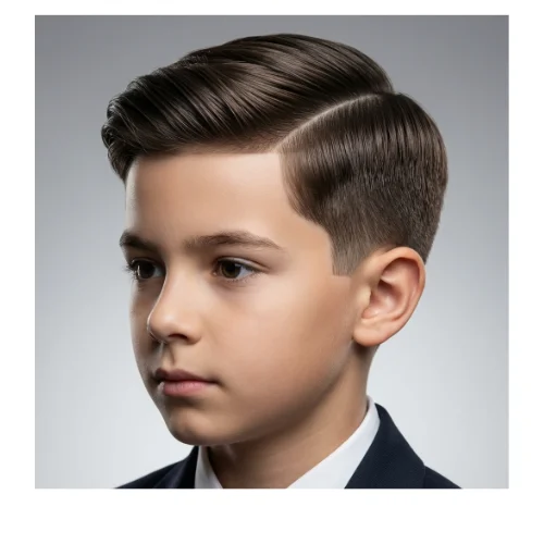 Boy with a side-parted hairstyle on top and a clean low taper fade on the sides, creating a tidy and school-appropriate haircut.