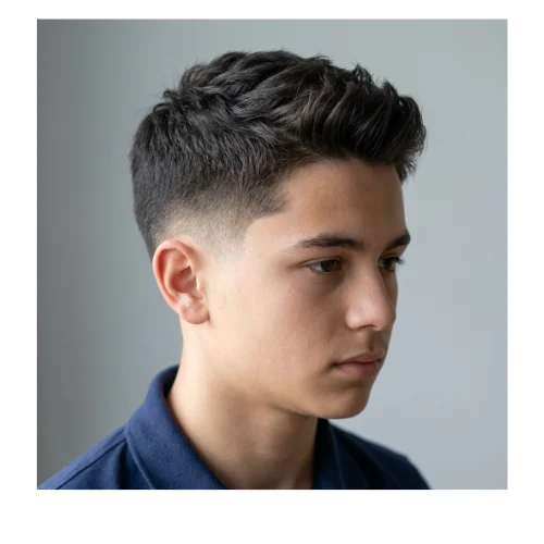 Boy with a textured hairstyle on top and a clean low taper fade on the sides, creating a stylish and school-appropriate haircut.