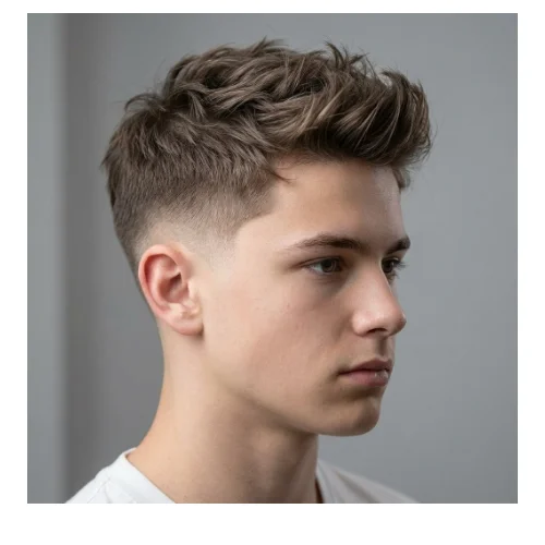 Boy with a messy hairstyle on top and a clean low taper fade on the sides, creating a relaxed and school-appropriate haircut.