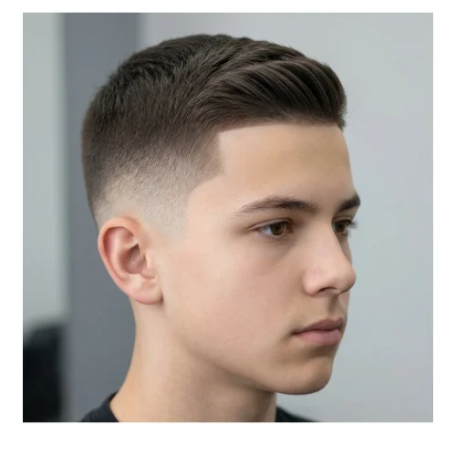 Boy with naturally styled hair on top and a clean low taper fade on the sides, creating a simple and school-appropriate hairstyle.